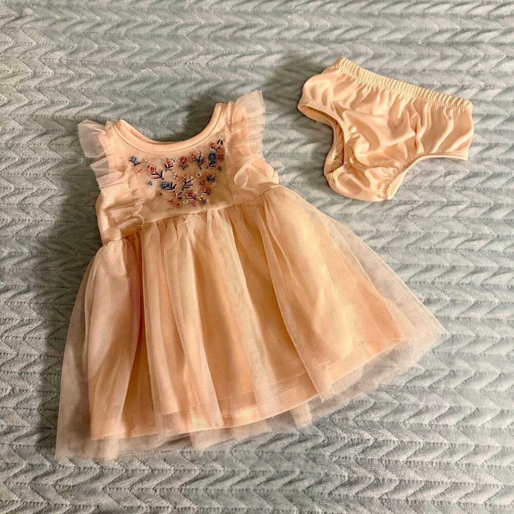 Nannette Peach Tulle Dress Set w/Embroidered Flowers